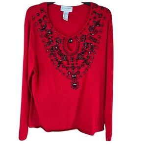 Victor Costa Occasion Red Sweater Black  Beaded Keyhole Pullover Size 1X